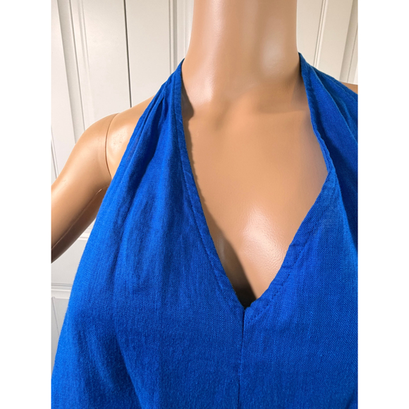 Womens Blue Halter Tie Front Linen Tank Top XL Tropical Resort Vacation Feminine - Picture 3 of 11